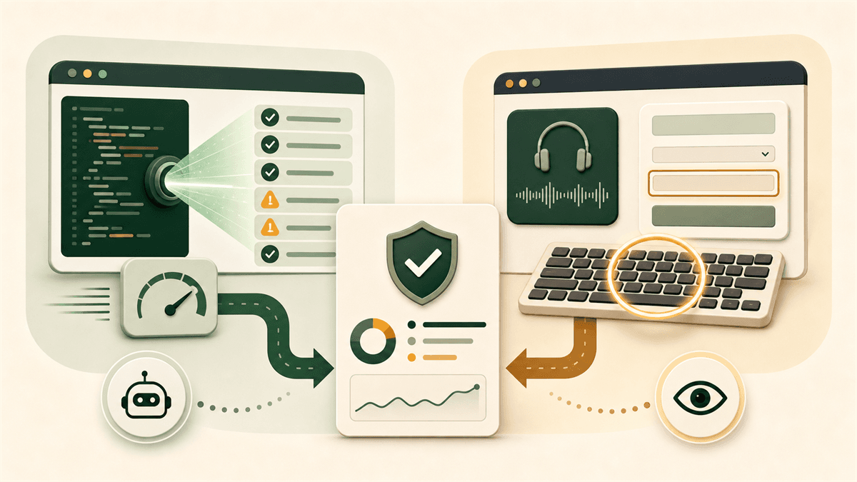 Automated website scanning and manual keyboard, screen-reader, and form testing combined into one accessibility report