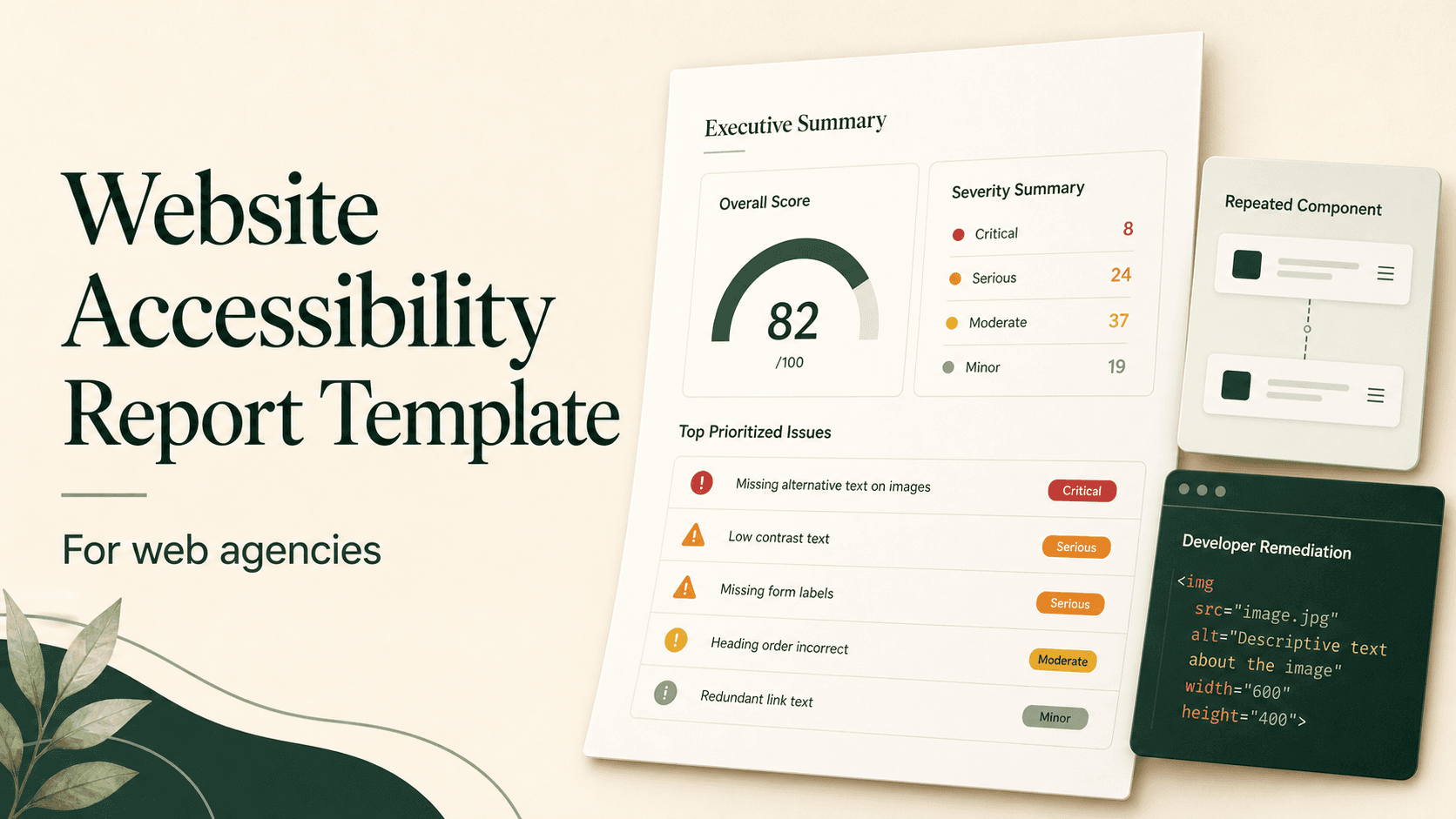 An agency client presentation template showing an accessibility executive score, issue priority breakdown, and developer remediation code snippet