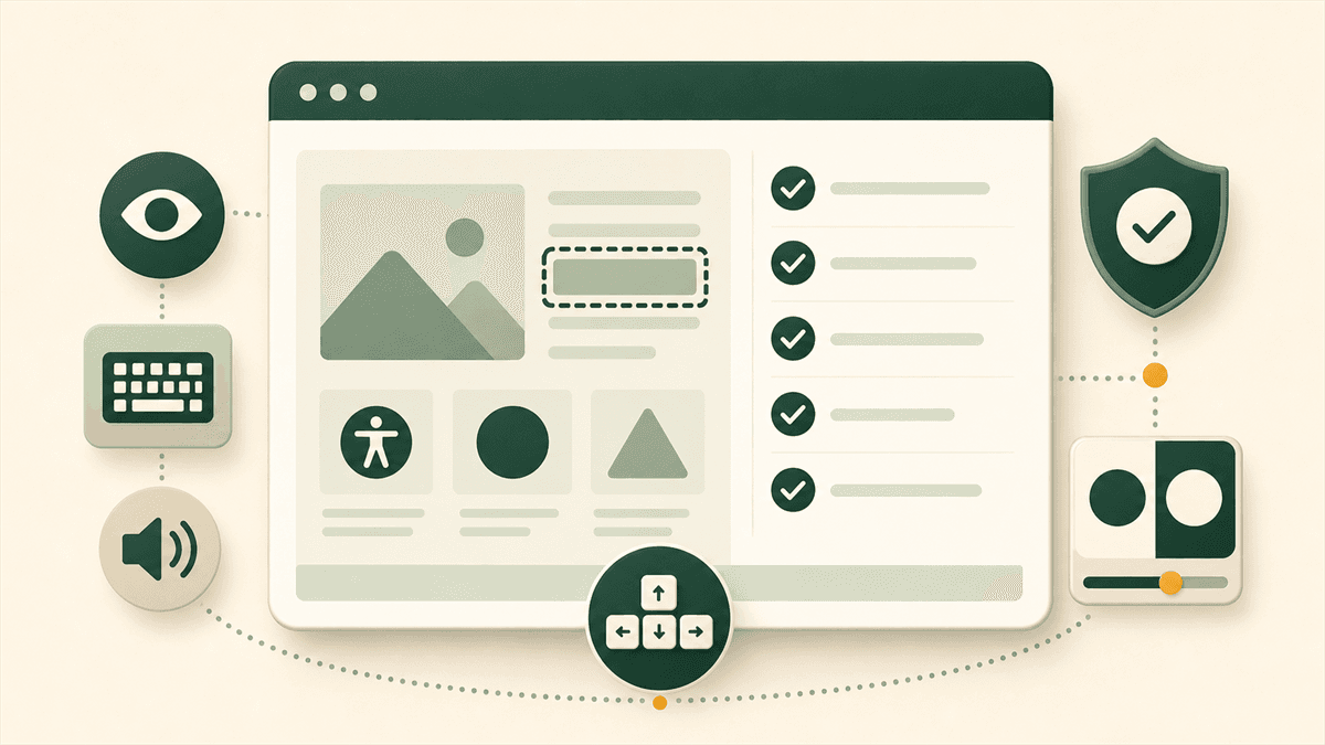 Website accessibility audit checklist showing keyboard, contrast, screen reader, and content checks